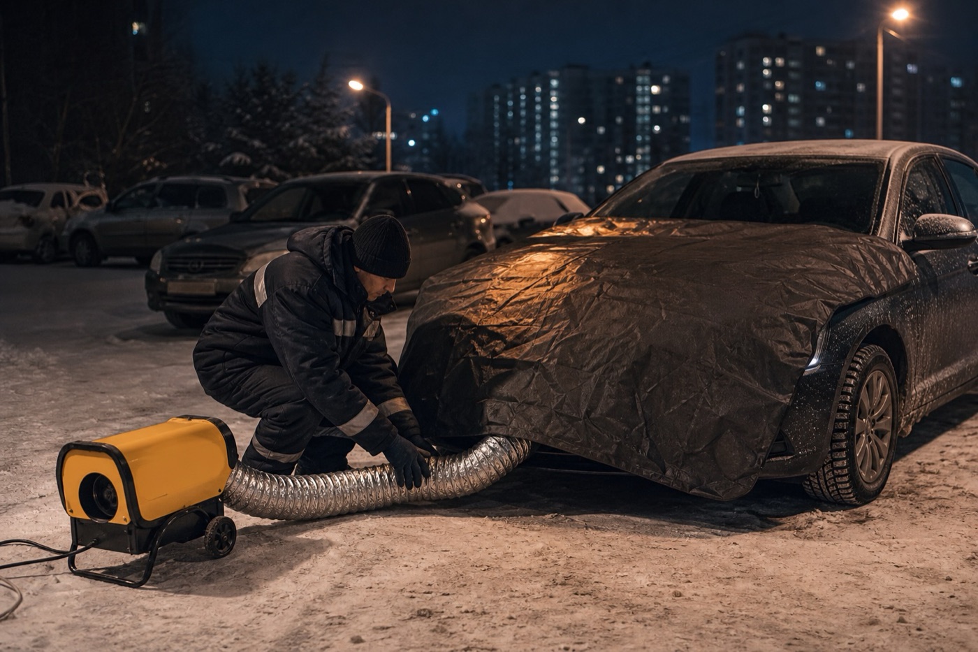 Отогрев автомобиля тепловой пушкой зимой в Новосибирске