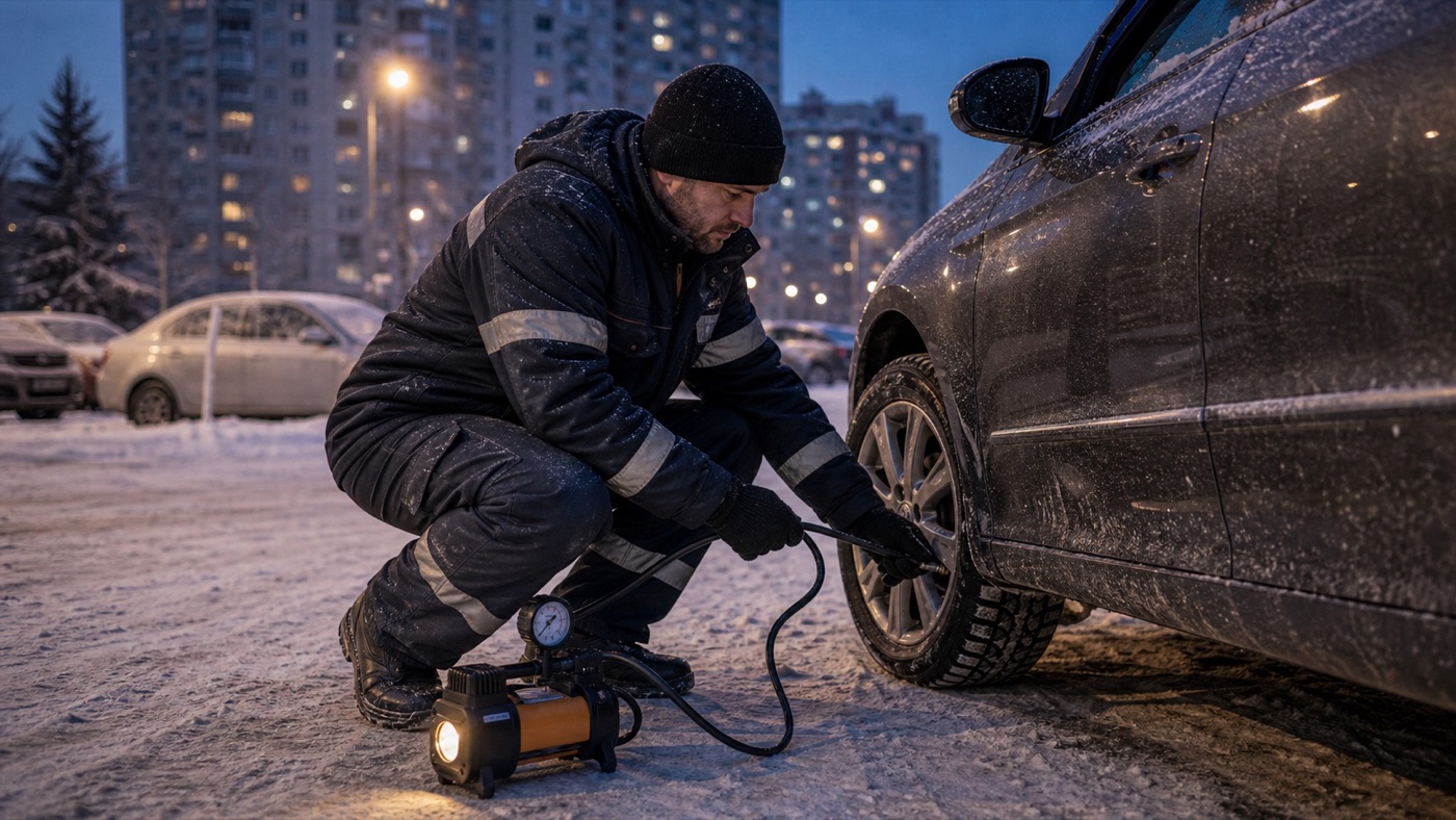 Подкачка колеса на выезде в Новосибирске