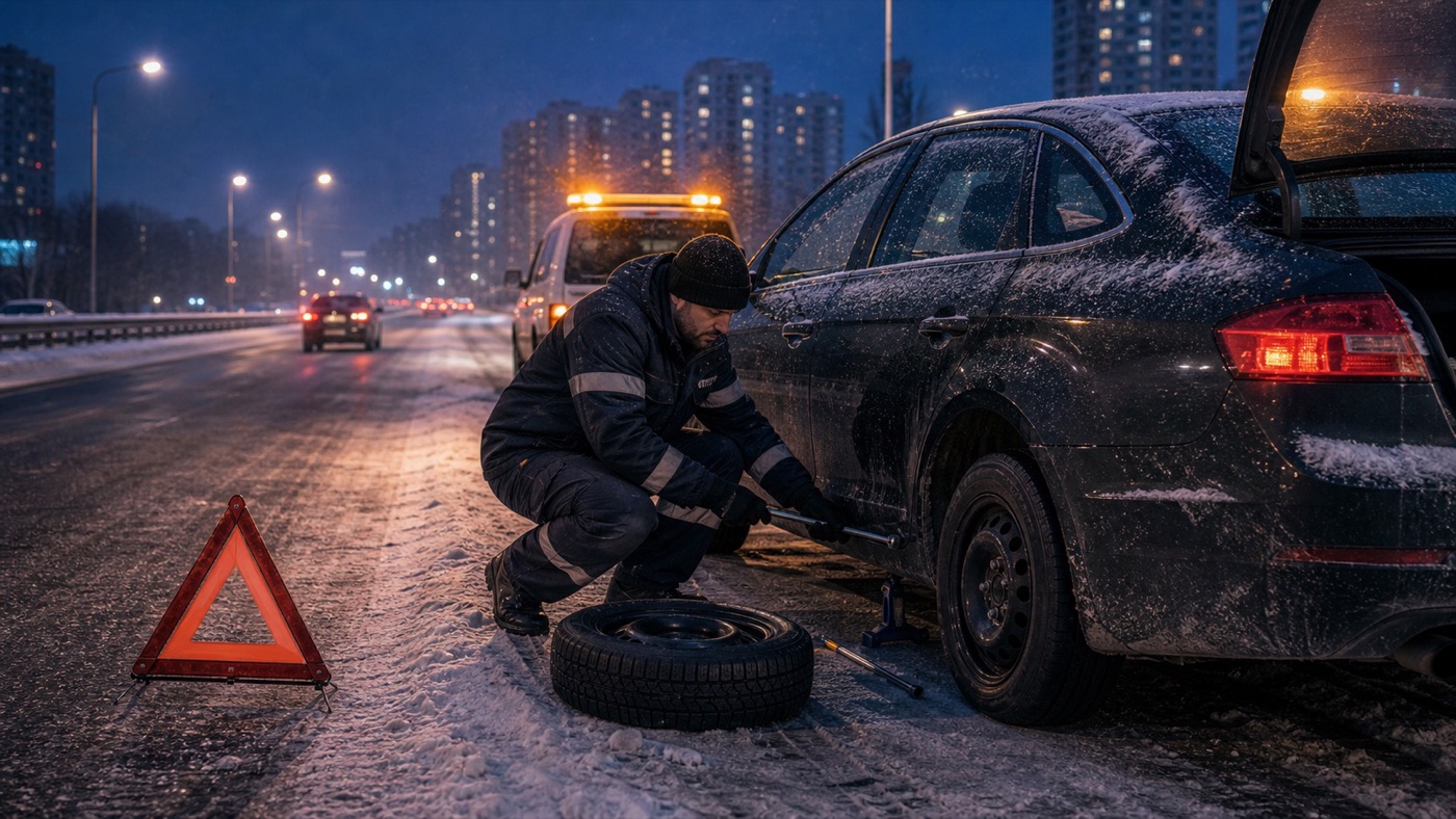 Замена колеса и установка запаски на выезде