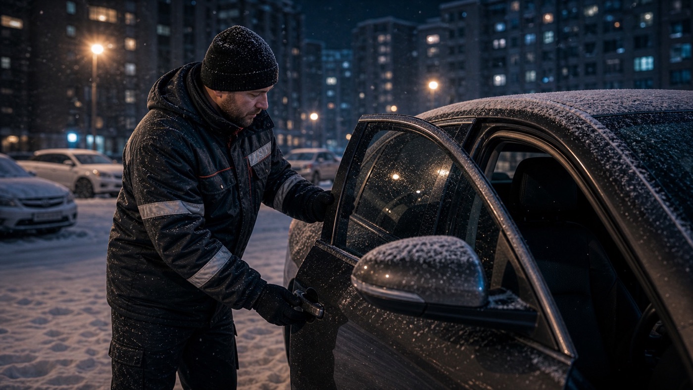 Мастер приоткрывает дверь автомобиля после вскрытия в Новосибирске
